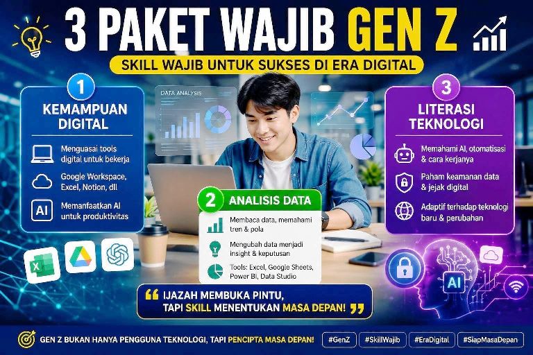 Ilustrasi generasi Z bekerja dengan laptop, menganalisis data digital, dan menggunakan teknologi modern di era kerja digital