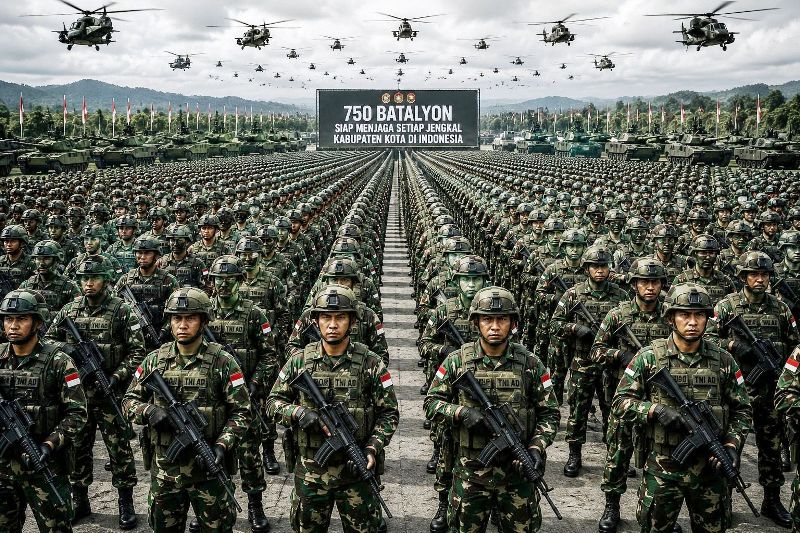 Ilustrasi ribuan pasukan TNI dalam formasi besar untuk program penguatan batalyon teritorial di berbagai daerah Indonesia