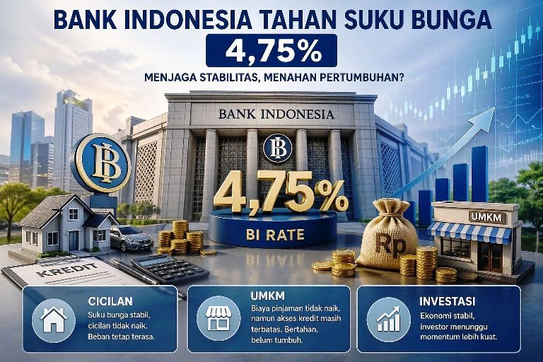 Ilustrasi kebijakan Bank Indonesia menahan suku bunga 4,75% dan dampaknya terhadap cicilan, UMKM, serta investasi