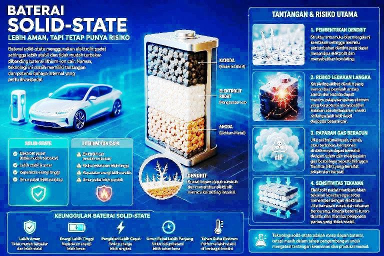 Ilustrasi baterai solid-state futuristik dengan visual retakan dendrit dan sistem keamanan kendaraan listrik modern