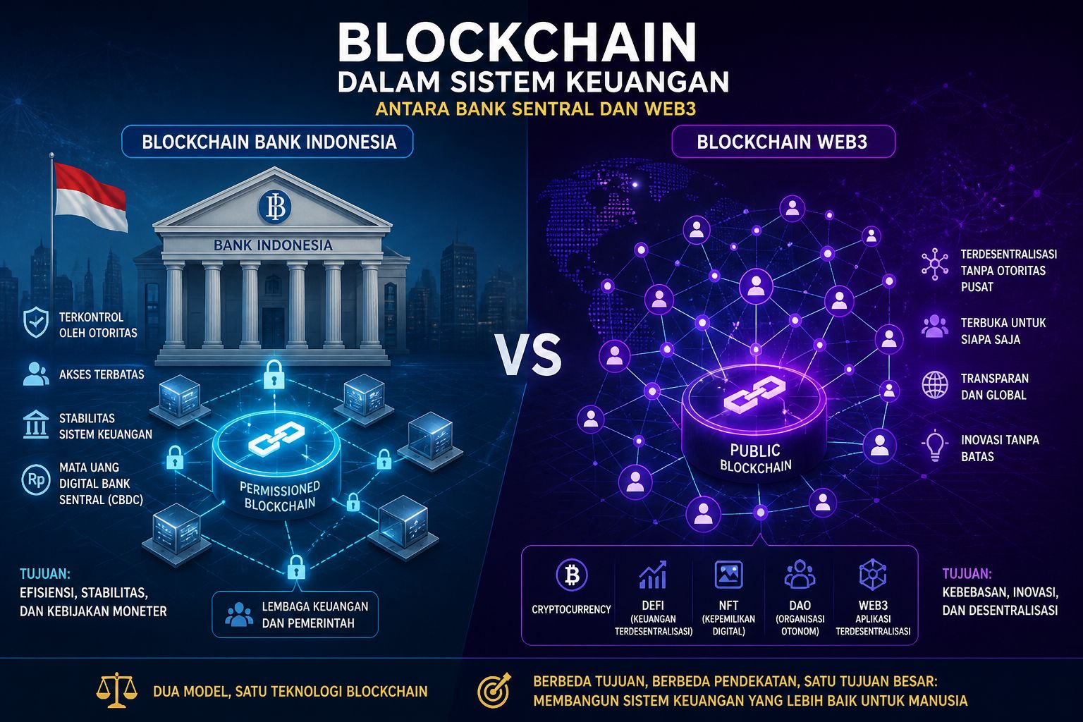 ilustrasi perbedaan blockchain bank indonesia dan blockchain web3 dalam sistem keuangan digital