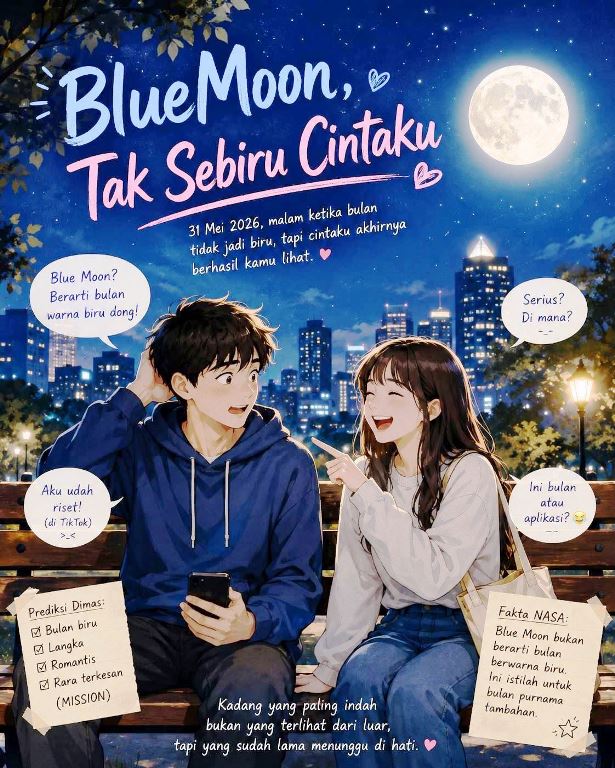 Blue Moon Tak Sebiru Cintaku, ilustrasi romantis remaja Dimas dan Rara duduk di taman pada malam Blue Moon 31 Mei 2026 dengan bulan purnama besar di langit dan suasana cinta yang lucu.
