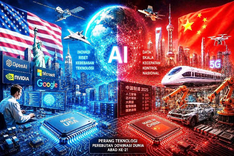 Ilustrasi persaingan teknologi antara Amerika Serikat dan China dalam perang AI, chip semikonduktor, dan dominasi digital dunia