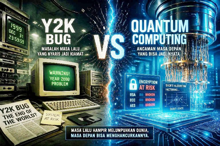 ilustrasi perbandingan quantum computing dan y2k bug terhadap ancaman keamanan digital modern