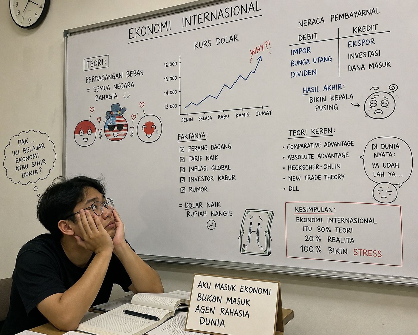 Mahasiswa sedang menatap papan tulis mata kuliah Ekonomi Internasional dengan ekspresi bingung melihat grafik dolar, ekspor impor, dan teori ekonomi dunia