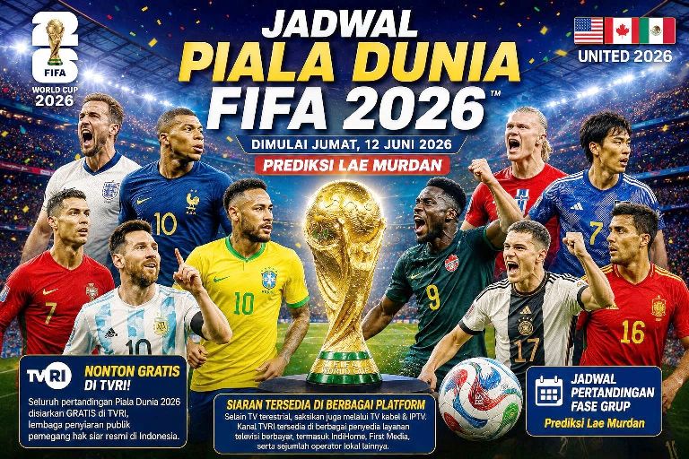 Piala Dunia FIFA 2026 dengan trofi Piala Dunia dan deretan tim favorit yang akan bertanding pada fase grup.