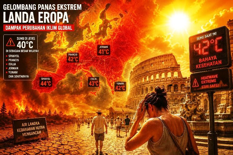 Ilustrasi gelombang panas ekstrem di Eropa dengan suhu di atas 40 derajat Celsius sebagai dampak perubahan iklim global.