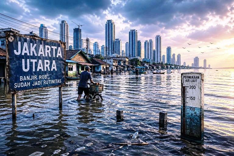 Ilustrasi Jakarta Utara terendam banjir rob dengan gedung-gedung tinggi di latar belakang dan permukaan air laut yang naik perlahan.
