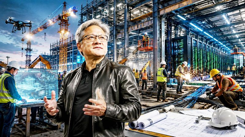 Jensen Huang berbicara mengenai masa depan karier di bidang konstruksi dan infrastruktur AI dengan latar pusat data modern dan pekerja konstruksi.