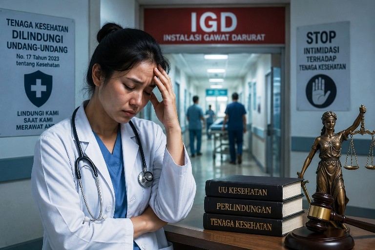 Ilustrasi tenaga kesehatan di depan rumah sakit menggambarkan penyelidikan dugaan intimidasi terhadap dr. Icha yang menjadi perhatian nasional.