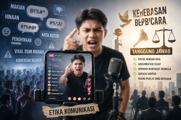 Seorang konten kreator sedang melakukan TikTok Live dengan ekspresi marah, layar smartphone menampilkan siaran langsung