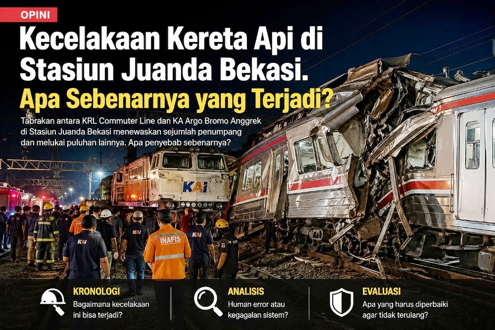 kecelakaan kereta api di stasiun juanda bekasi antara krl commuter line dan ka argo bromo anggrek dengan kondisi gerbong rusak parah dan petugas evakuasi di lokasi malam hari