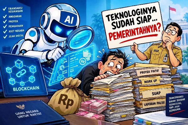 Ilustrasi kartun AI dan blockchain mendeteksi jejak transaksi korupsi