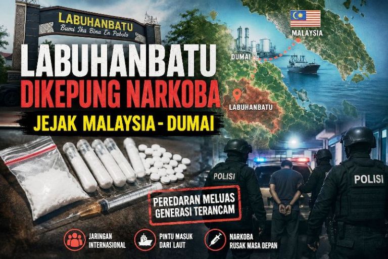 Ilustrasi dugaan jalur peredaran narkotika dari kawasan Malaysia melalui pesisir Sumatera menuju Labuhanbatu.