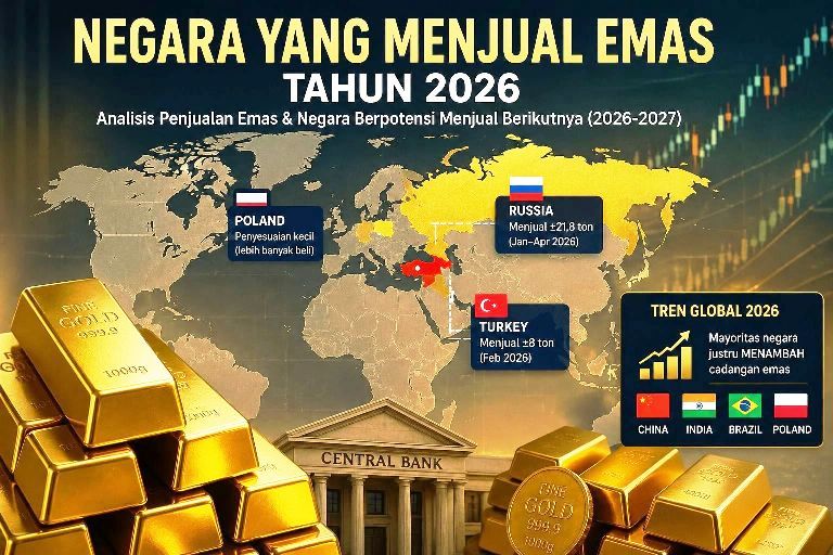Ilustrasi cadangan emas negara dan peta dunia dengan sorotan Russia dan Turkey sebagai negara yang menjual emas tahun 2026