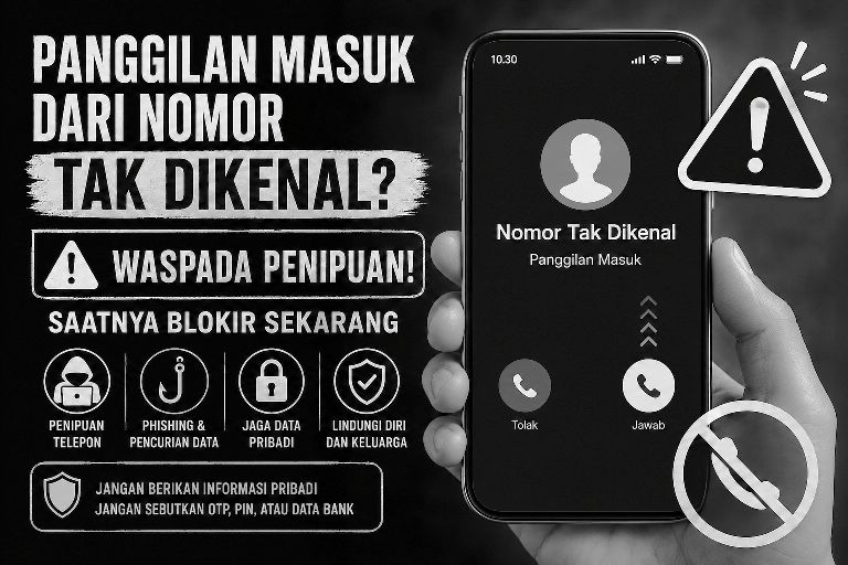 Ilustrasi peringatan panggilan masuk dari nomor tidak dikenal di smartphone dengan pesan waspada penipuan dan opsi blokir nomor
