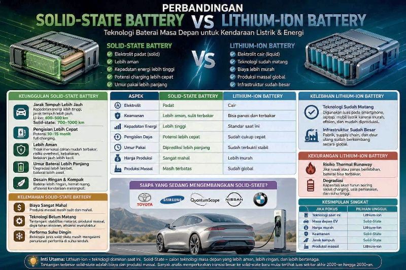Ilustrasi perbandingan solid-state battery dan lithium-ion battery pada mobil listrik dengan visual teknologi baterai modern dan pengisian daya cepat.