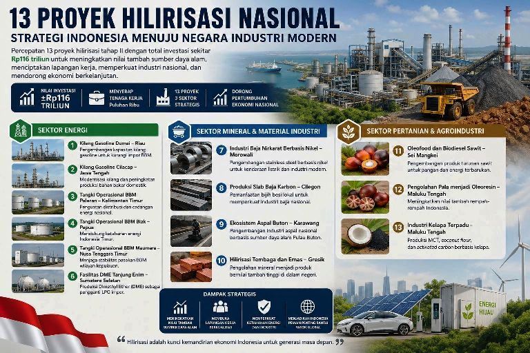 Ilustrasi proyek hilirisasi sumber daya alam Indonesia dengan smelter, industri nikel, kilang energi, kendaraan listrik, dan pembangunan industri modern nasional.