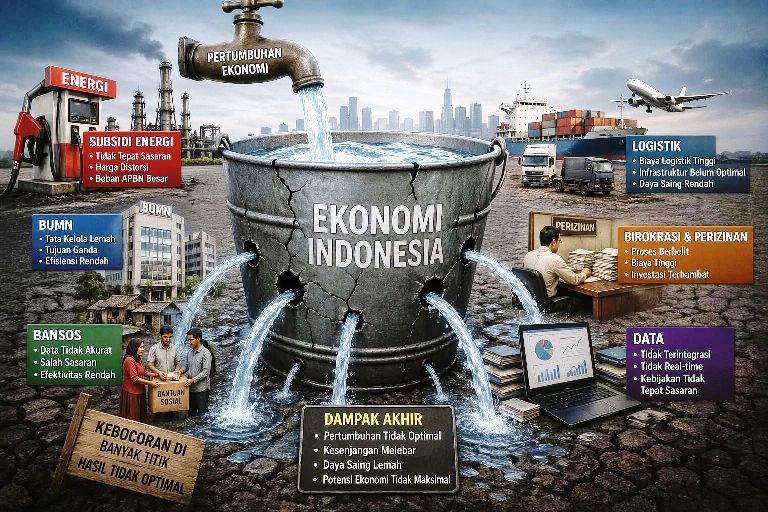 Ilustrasi kebocoran ekonomi Indonesia seperti ember bocor dengan berbagai sektor seperti energi, BUMN, logistik, dan birokrasi yang menyebabkan inefisiensi pertumbuhan.
