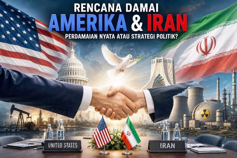 Ilustrasi diplomasi damai antara Amerika Serikat dan Iran di tengah ketegangan geopolitik dan isu nuklir Timur Tengah.
