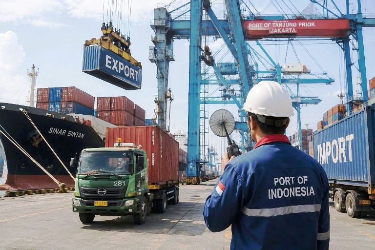 Ilustrasi ekonomi Indonesia dengan grafik ekspor meningkat, nilai tukar rupiah melemah, dan aktivitas perdagangan internasional di era ekonomi global