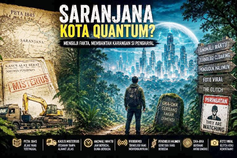 Ilustrasi kota misterius Saranjana yang diklaim sebagai kota quantum, dengan latar hutan Kalimantan dan cahaya kota modern yang memunculkan perdebatan antara legenda dan sains.