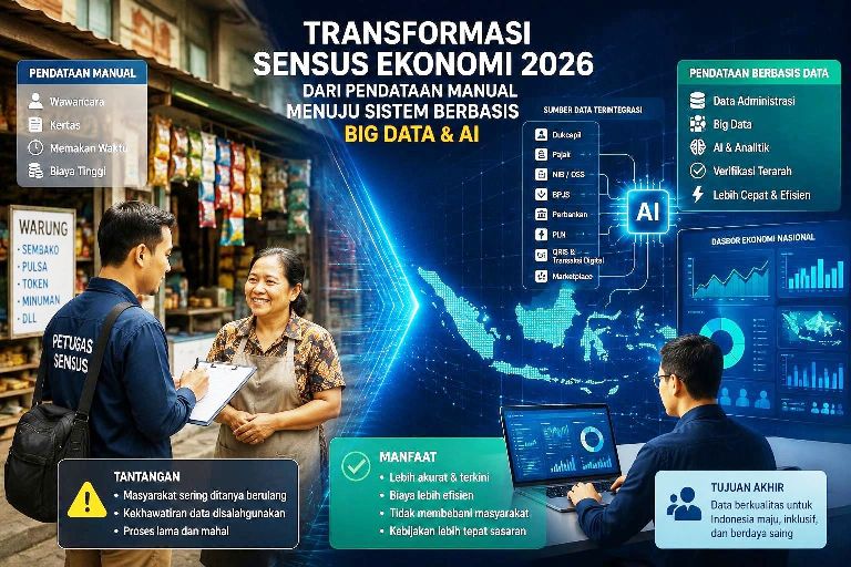 Ilustrasi petugas sensus ekonomi melakukan pendataan usaha masyarakat dengan konsep transformasi digital berbasis Big Data dan Artificial Intelligence (AI).