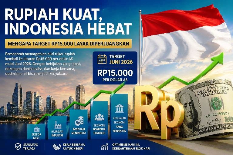 Ilustrasi rupiah menguat terhadap dolar AS dengan latar grafik pertumbuhan ekonomi Indonesia dan bendera Merah Putih.