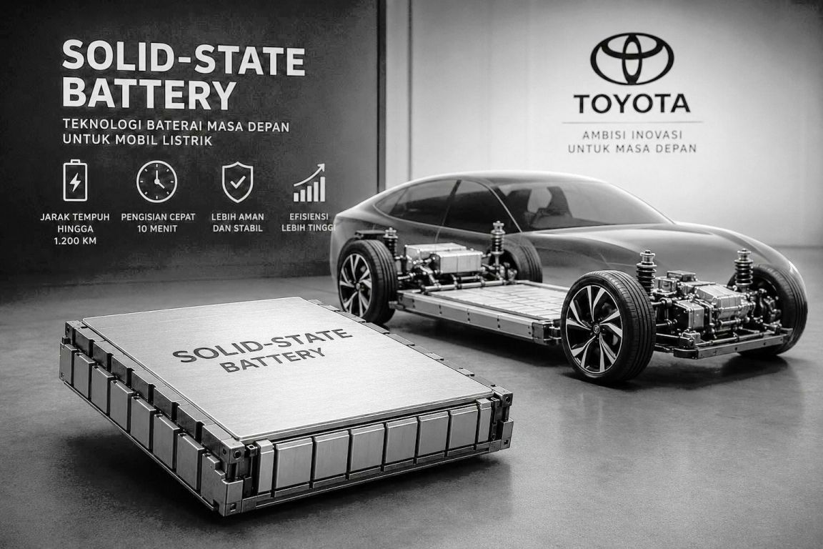 Ilustrasi teknologi solid-state battery pada mobil listrik modern dengan konsep baterai masa depan dan inovasi Toyota di industri otomotif global.