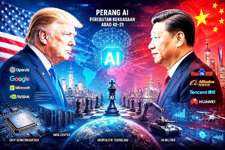 ilustrasi donald trump dan xi jinping dalam perang ai dan geopolitik teknologi dunia modern