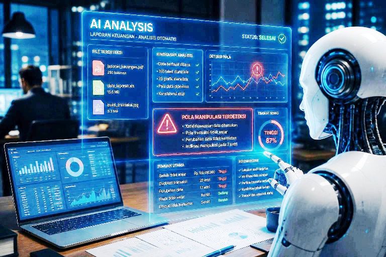 Ilustrasi kecerdasan buatan AI sedang menganalisis laporan kerja digital dan mendeteksi manipulasi data secara otomatis